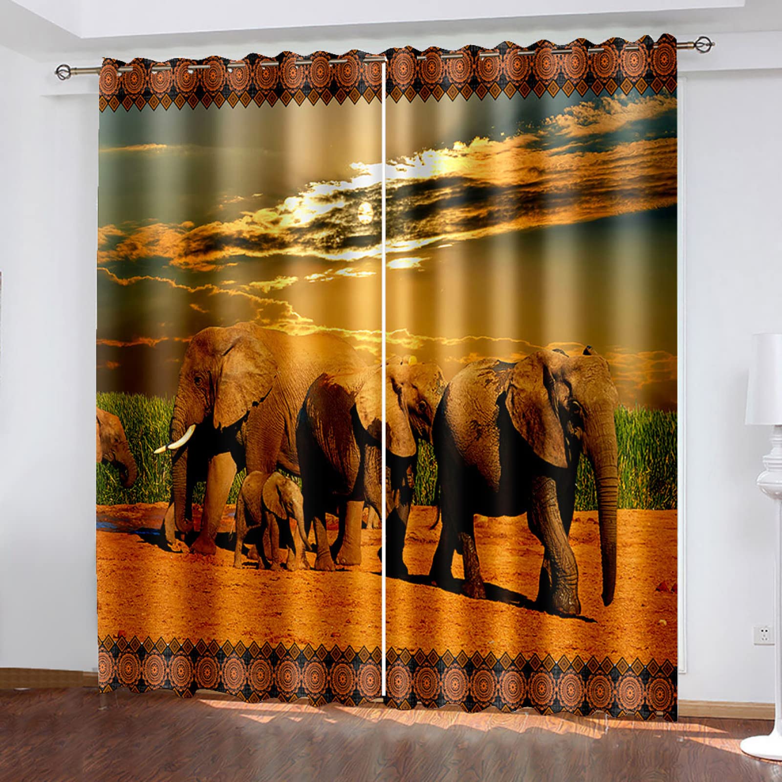 MAYNUO Blackout Curtains For Bedroom 3D African Elephant Thermal Insulated Window Curtains For Living Room For Girls Boys Kids, 2 Panels, 46x84 Inch Pattern Eyelet Curtains Noise Reducing