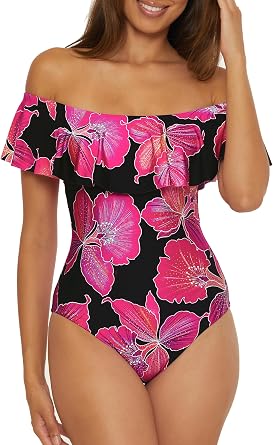 Trina Turk Womens Ruffle One Piece Swimsuit, Off Shoulder, Bathing Suits for Women