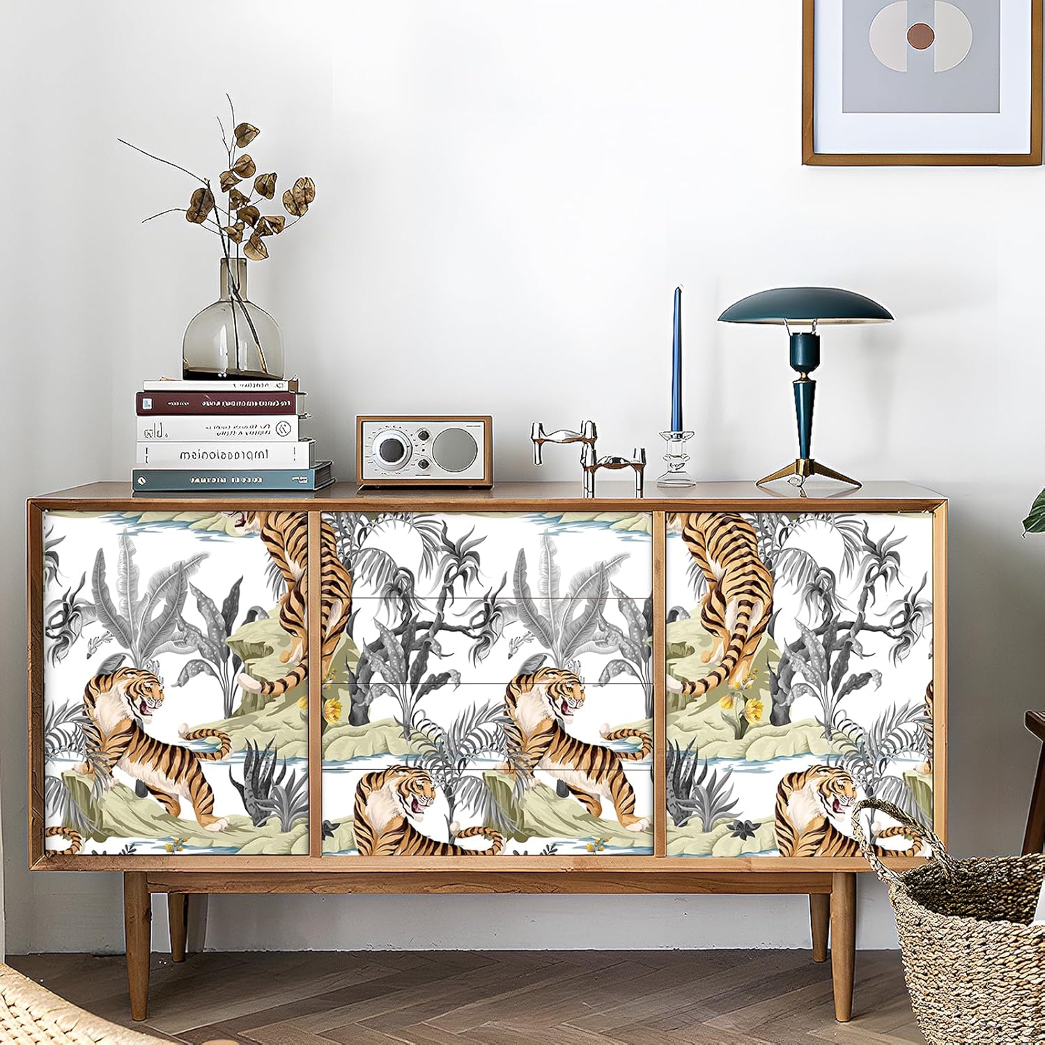 Stickyart 17.5"x276" Boho Tropical Jungle Tiger Wallpaper for Bathroom Wall Modern Tropical Plant Tiger Contact Paper Peel and Stick Retro Wildlife Jungle Animal Wallpaper Removable for Bedroom Decor