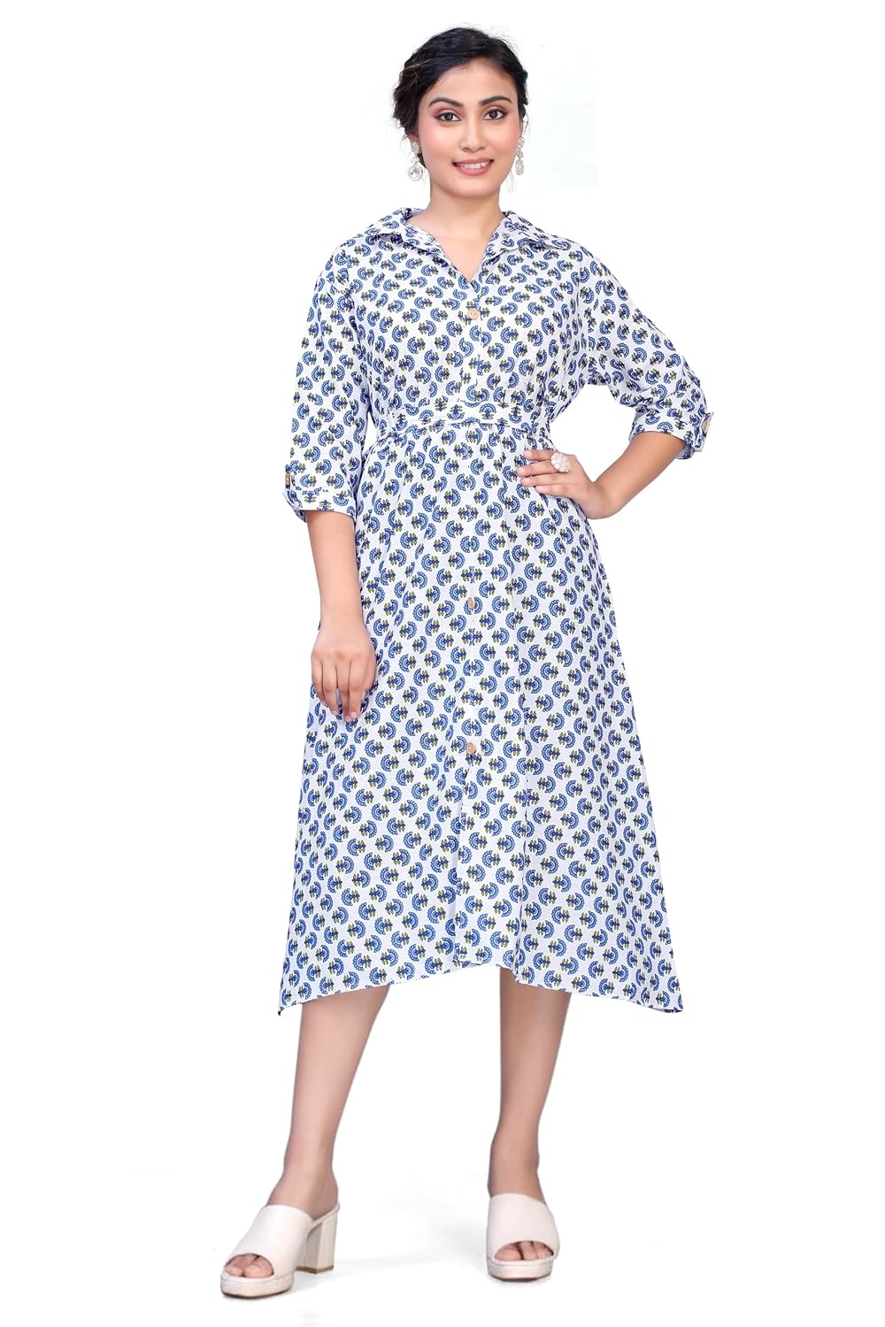 OWLSKY, SASSY & STYLO Women’s Ajrakh Printed Pure Cotton One Piece Dress | Knee Length Cotton Kurti Dress with Front Knot | 3/4th Sleeve Ethnic Wear for Office & Daily Use