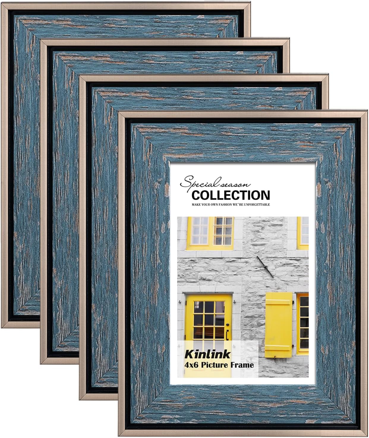 KINLINK Rustic 4x6 Picture Frames - Retro Distressed Farmhouse Frames Blue with Real Glass for Tabletop and Wall Mounting Display For Family Friends Wedding Gift, Set of 4