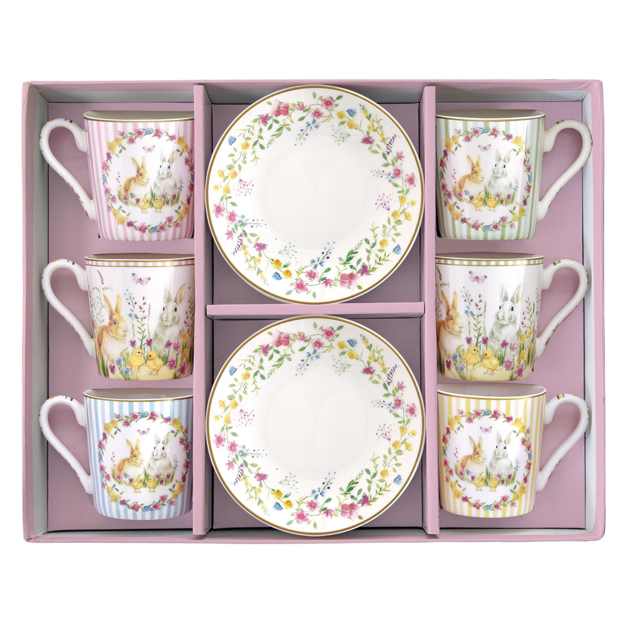 MamboCat Happy Easter - Set di 6 tazze da caffè con piattini, per 6 persone, in porcellana colorata per colazione e caffè, 6 tazze piccole e piattini, stoviglie pasquali