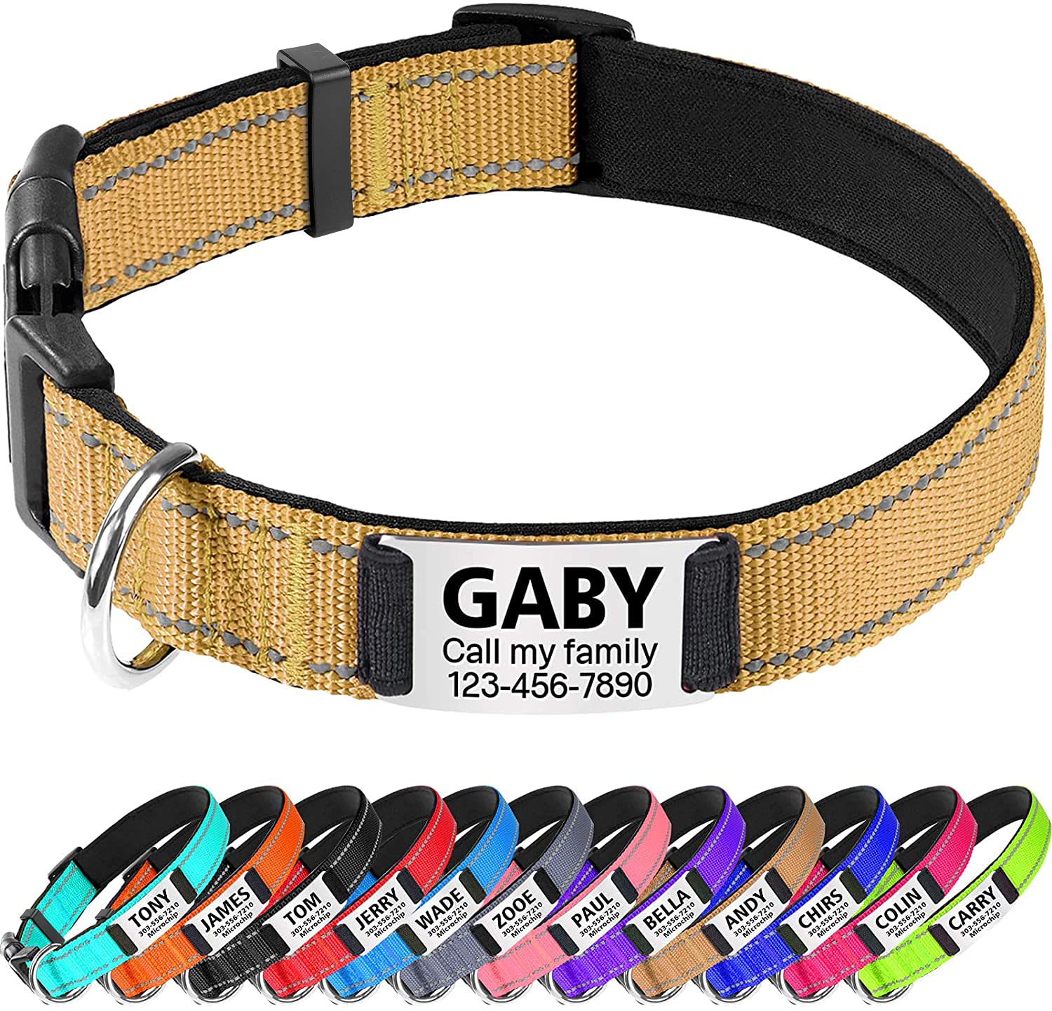 TagME Personalized Dog Collar with Name Plate, Custom Reflective Pet Collars with Engraved Slide on ID Tags for Puppy,Khaki