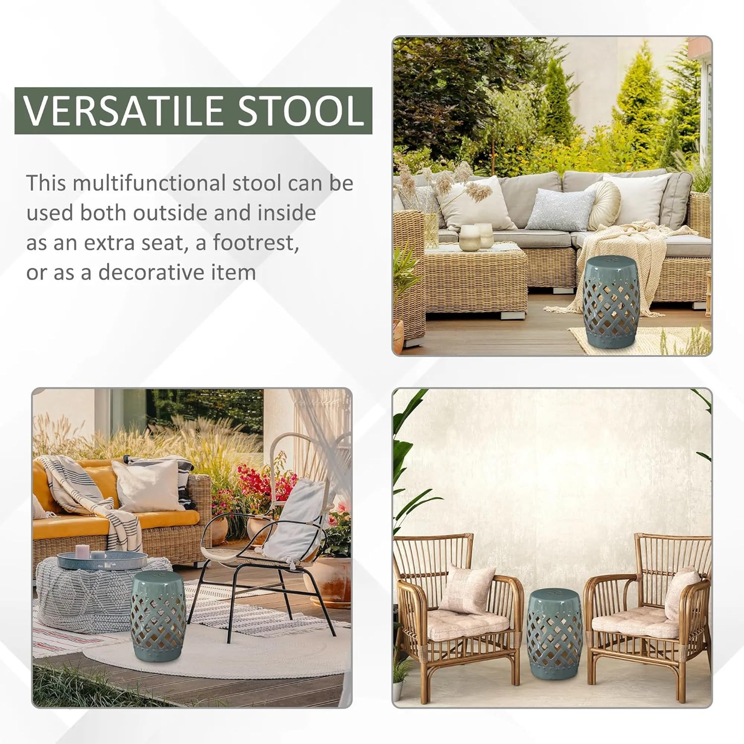 13" x 18" Ceramic Garden Stool, Decorative Side Table with Woven Lattice Design, Glazed Outdoor Patio Accent Stool (Green)