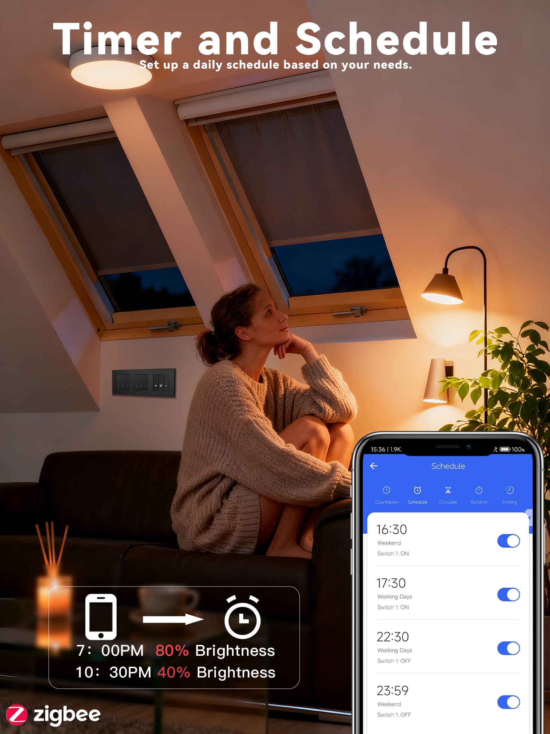 BSEED Zigbee ściemniacz i Zigbee 3-Gang 1-biegunowy podwójny przełącznik, regulowany przełącznik ścienny kompatybilny z Amazon Alexa i Google Home, materiał PC, 240 V, czarny