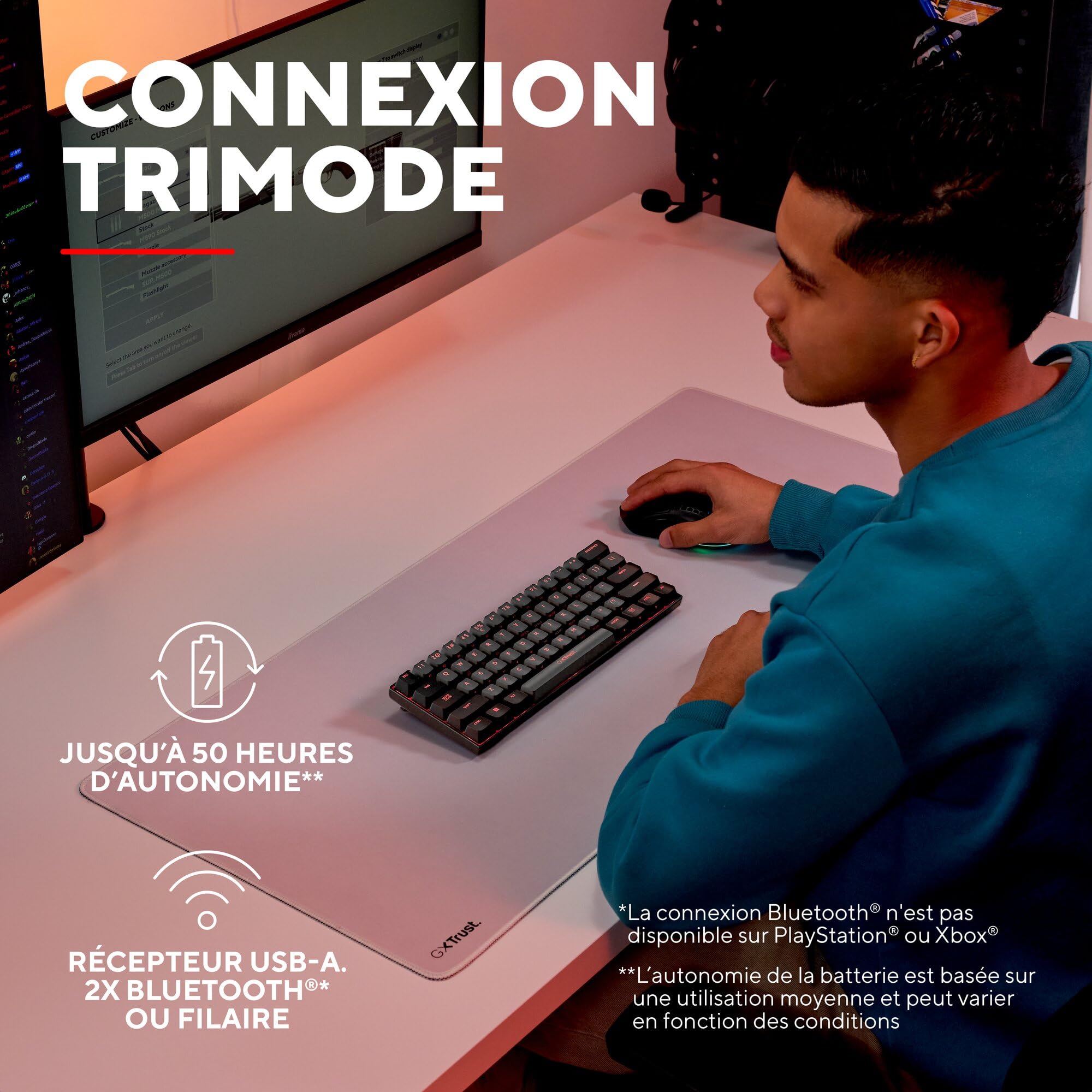 GXTrust Revyn 60% Clavier Mécanique sans Fil AZERTY Français, Noir/Gris | Triple Mode 2.4GHz/BT/Filaire, Éclairage RGB, Batterie 50 Heures, Compact Mini Clavier Gamer 60 Pourcent Programmable PC