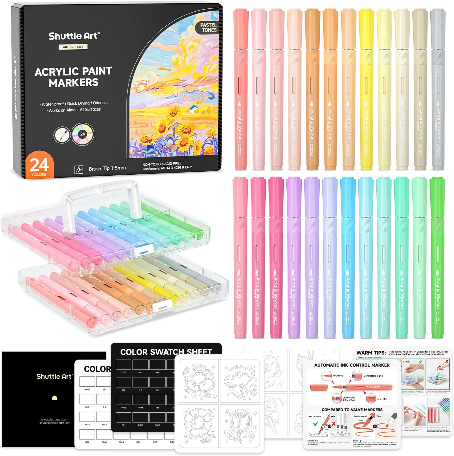 Shuttle Art Automatic Ink Control Acrylic Paint Markers, 24 Pastel Colors Brush Tip Acrylic Paint Pens for Rock Painting, Ceramic, Wood, Canvas, Glass, Stone, Fabric, Card Making, DIY & Art Supplies