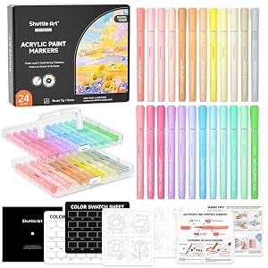 Shuttle Art Automatic Ink Control Acrylic Paint Markers 24 Pastel Colors Brush Tip Acrylic Paint Pens for Rock