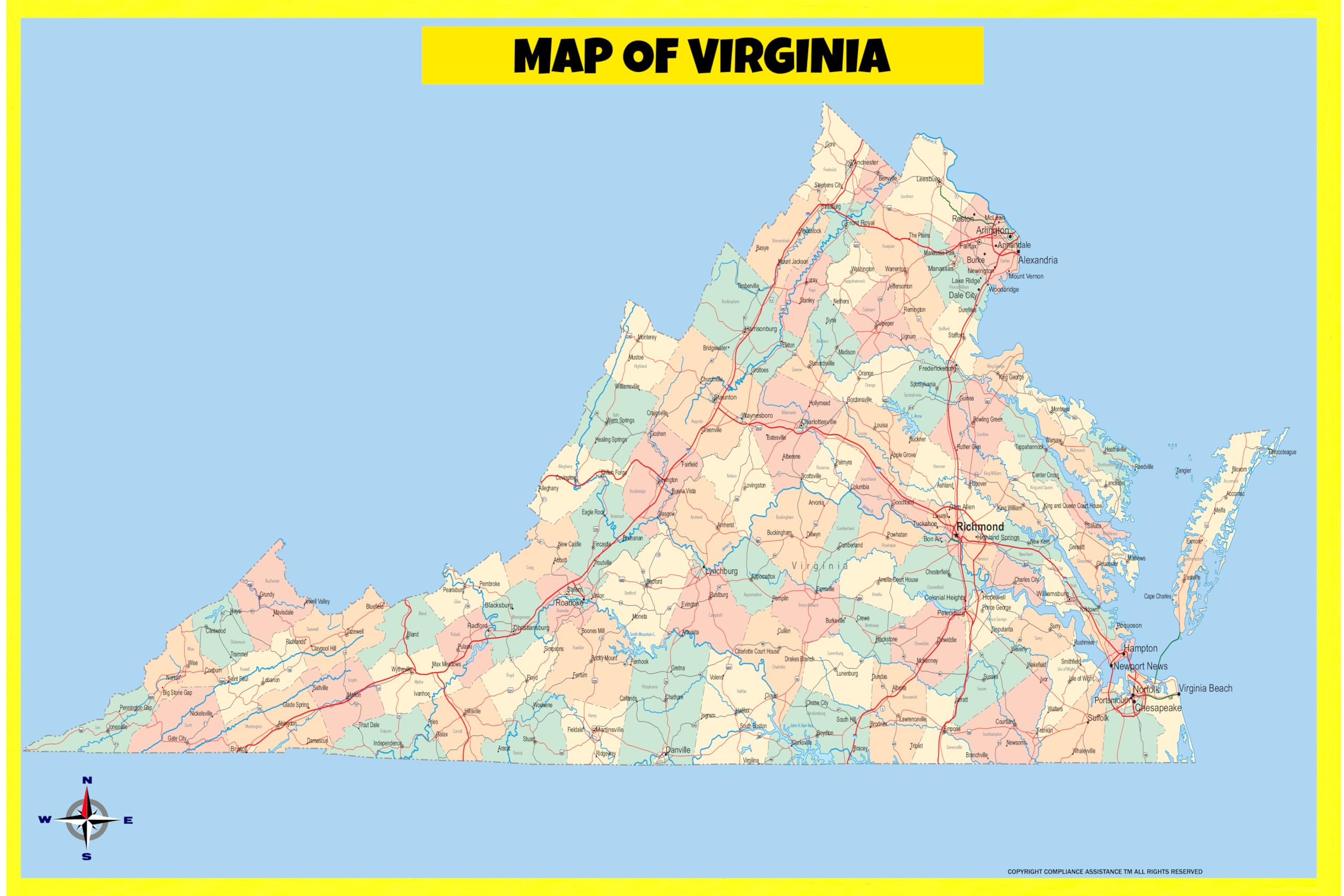 Map Of Virginia Style D - 36x60 - Wall Map Poster for Homes, Classrooms and Offices - Vivid Colors, Easy to Read, Clean Layout