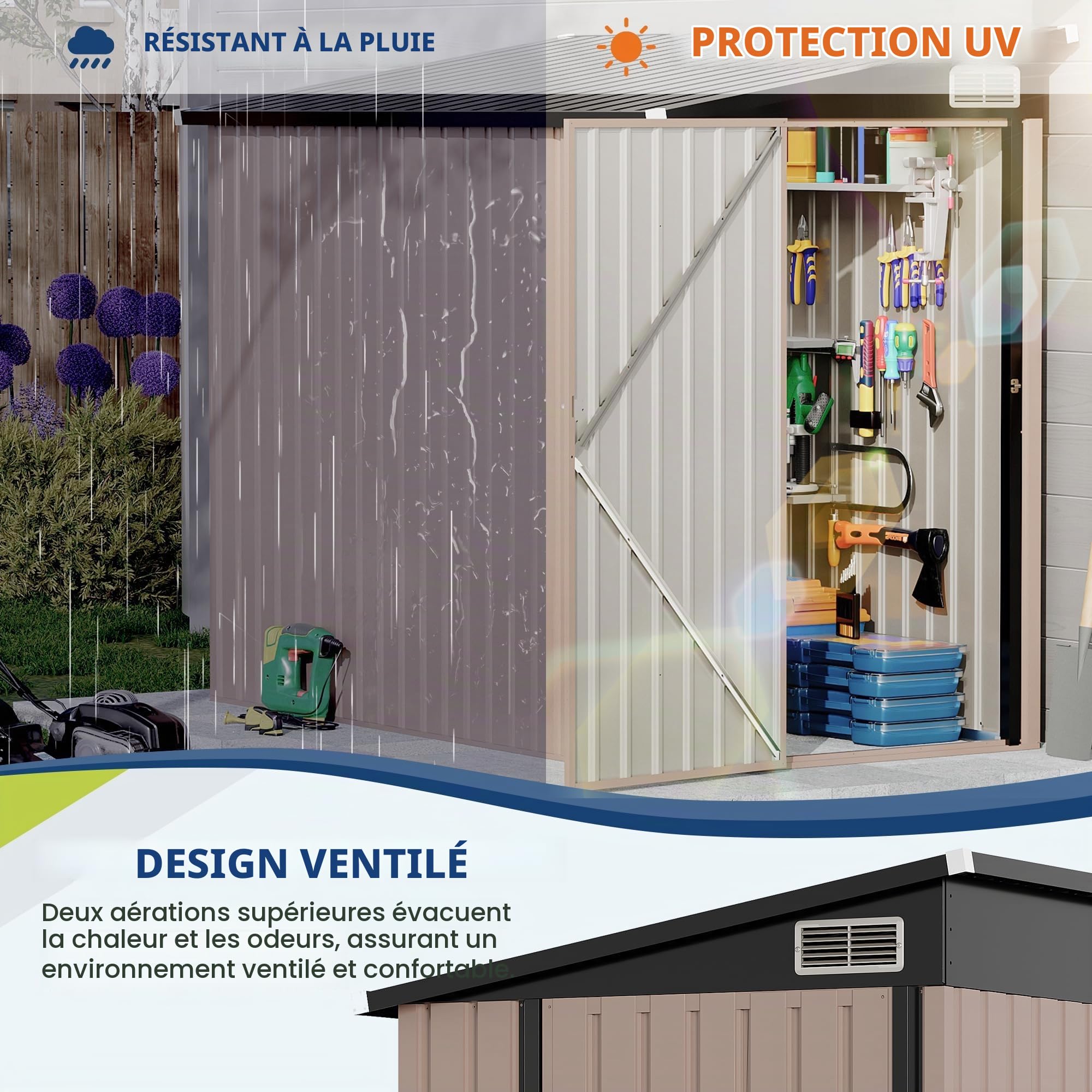 Garvee Abri De Jardin Métallique 1.2x2.4m, Remise Extérieure Adossée | Rangement Polyvalent pour Outils, Robuste Et Étanche, Poubelles Et Vélos, Idéal pour Terrasse Et Jardin