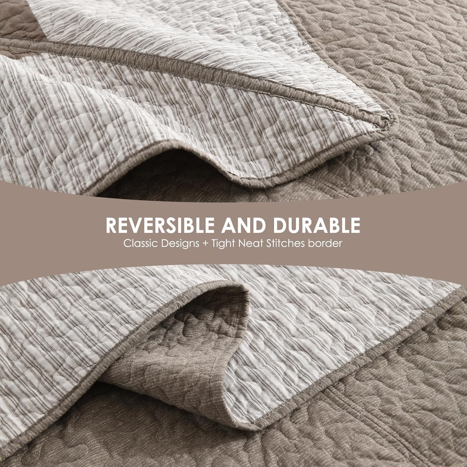 Oversized Queen Bedspread - 120" Lx102 W - 100% Cotton Lightweight Plaid Super Size Bedding Set - Reversible Extra Wide Quilt Bedspreads - 3 Piece - Gray/Beige/Island Fossil
