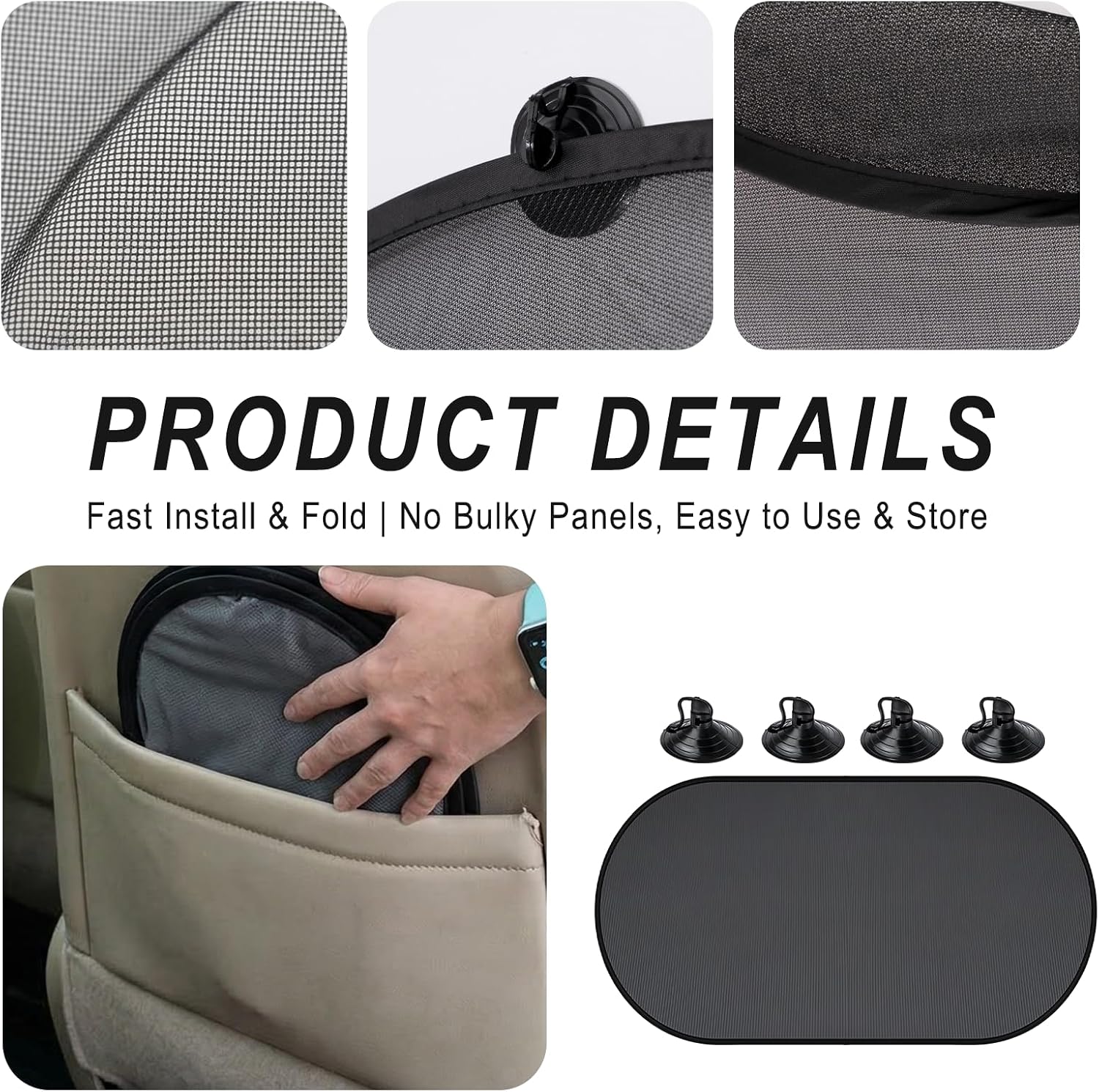 Car Sun Shade, Folding Auto Rear Window Sunshade with Suction Cup, Black