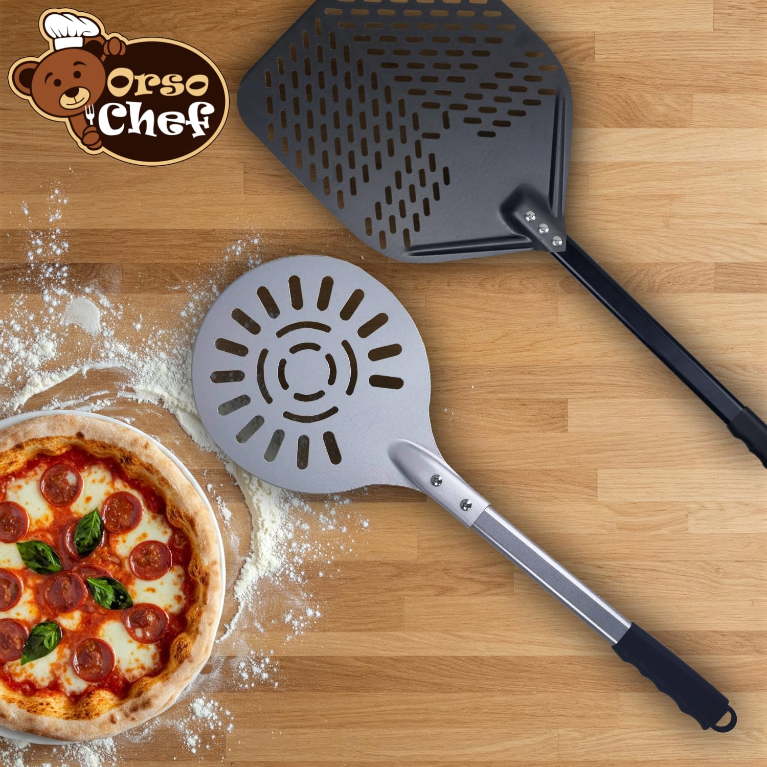 Antech - Pala Pizza Forata in alluminio Anodizzato 30x30 cm con Manico Estensibile + Paletta Ruota Pizza in Alluminio da 25 cm (10 pollici). Per Pizza Pane Crostate - Set di due pale -