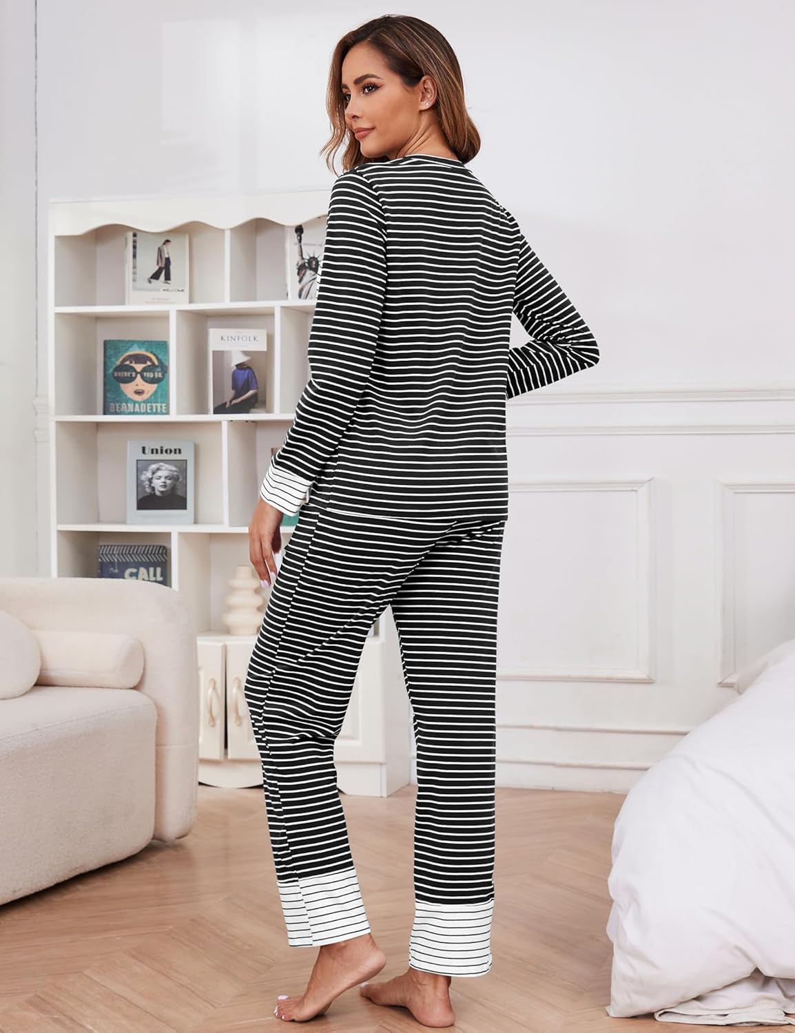 Womens Cotton Pajama Sets Stripe Long Sleeve 2 Piece Lounge Set Soft Pj Set Spring Loungewear Sleepwear with Pockets Maternity Pajamas Black M - Image 5