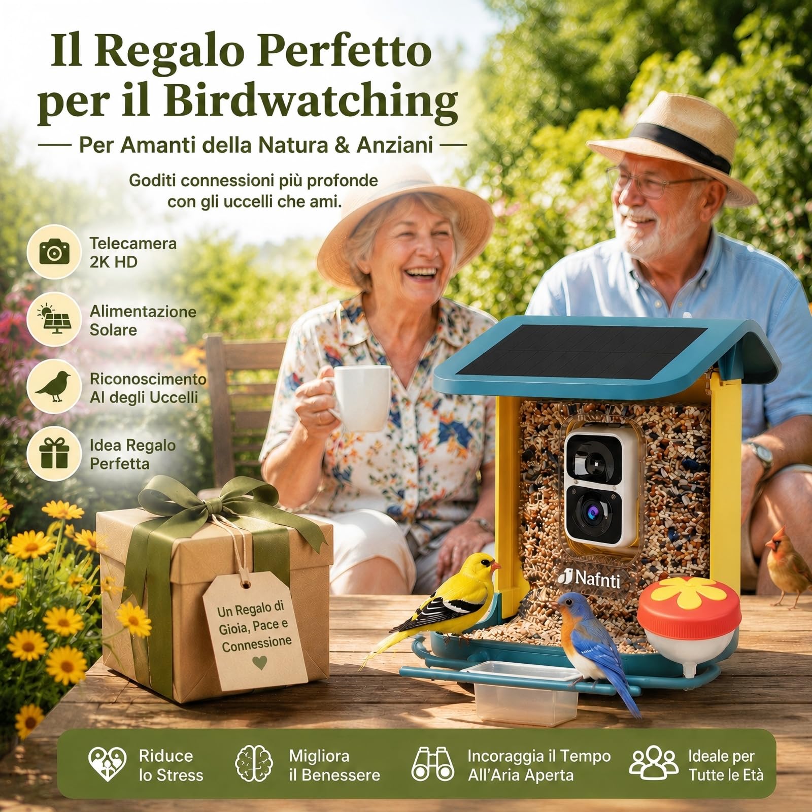 Mangiatoia intelligente per uccelli 2K con fotocamera, alimentazione solare, AI identifica oltre 10.000 uccelli, capacità 1,8 l, impermeabile IP65