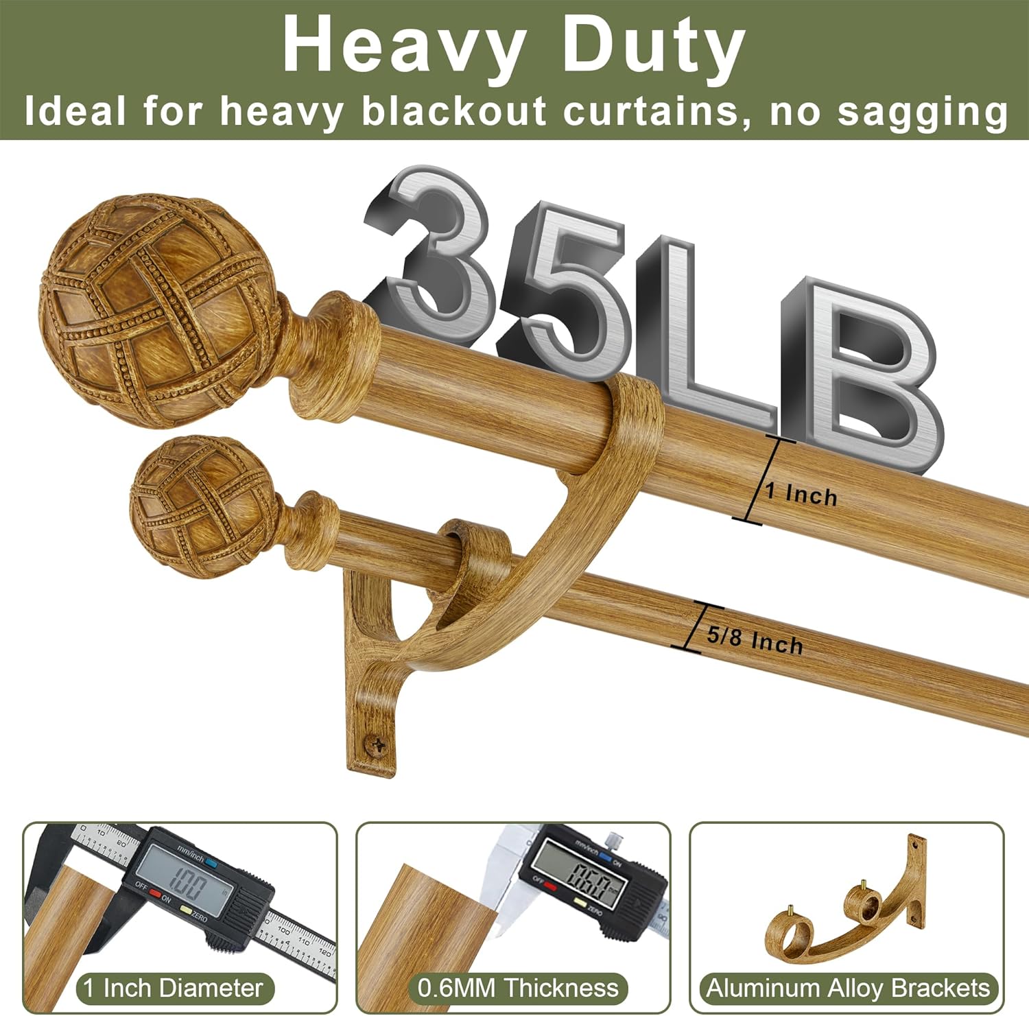 Double Curtain Rods 36 to 72 Inches(3-6feet) for Window, Adjustable Telescoping Drapery Rod with Aluminum Alloy Brackets, 1 Inch Diameter Front, 5/8 Inch Back Pipe, Light Yellow Woodgrain