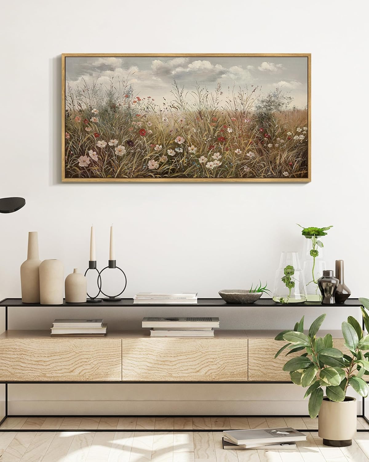 SHENIFY Vintage Landscape Framed Wall Art Meadow with Flowers Farmhouse Decor Retro Wildflower Field Scenery Painting for Hallway Bedroom Living Room Dining Room - 20x40in Natural Framed