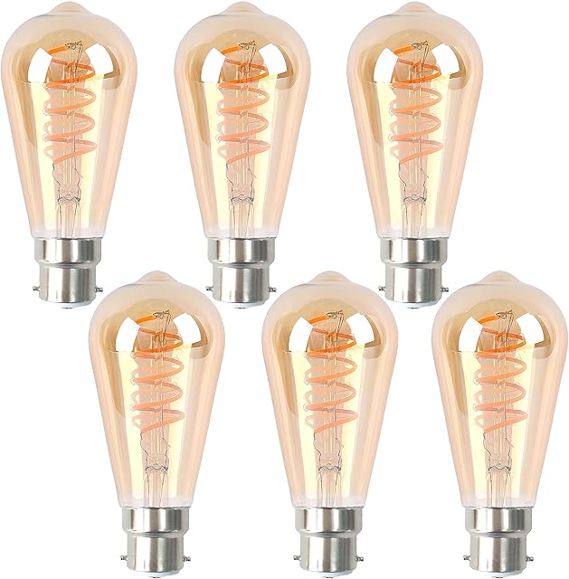 SD LUX B22 BC LED Bulbs Sprial Vintage Filament Led Light Bulbs,ST64 Amber Dimmable No Flicker Retro Bayonet Edison LED Bulbs-6W (40W Equi.) 300LM Warm White 2200K,6 Packs