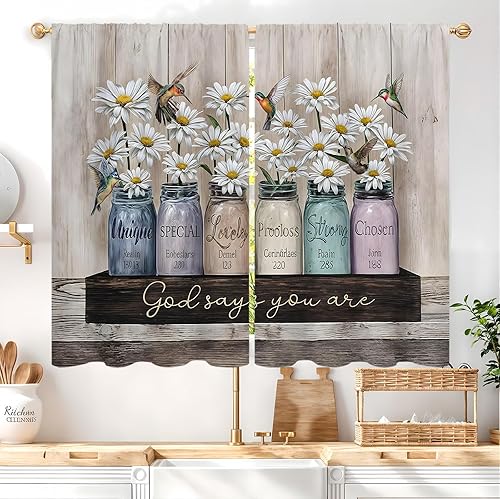 Miniatura 22 de Cortinas de cocina con estampado floral verde azulado de 27.5 pulgadas de ancho x 39 pulgadas de largo, 2 paneles con bolsillo para barra, rústicas,