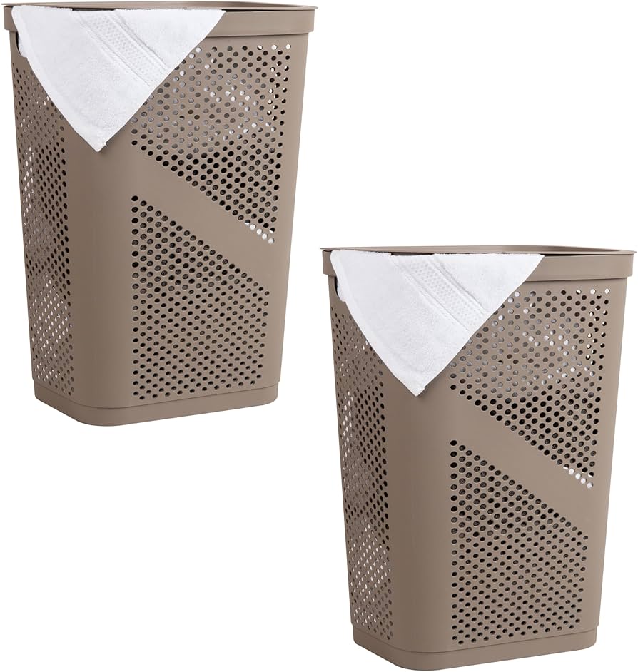 Mind Reader 60L Slim Laundry Hamper, Clothes Basket, Lid, Ventilated, Plastic, 17.25"L x 13.75"W x 23.5"H, Set of 2, Tan