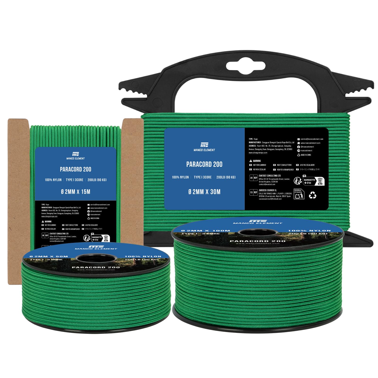 Manco Element Paracord 2mm 15m 3 Strands Type I Kelly Green | 100% Nylon Parachute Cord Rope | 90KG Load Capacity - Ideal for DIY, Crafting, Outdoor, Camping