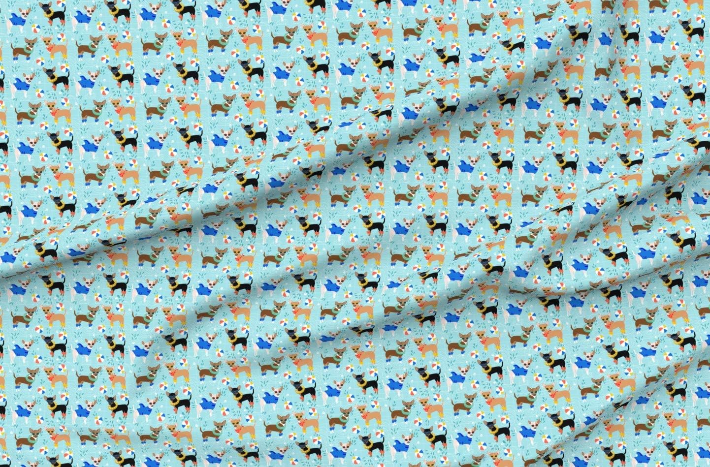 Spoonflower Fabric - Chihuahua Pool Party Summer Dogs Blue Chihuahuas Dog Pet Portrait Printed on Organic Cotton Sateen Fabric by The Yard - Sewing Quilting Apparel Home Decor