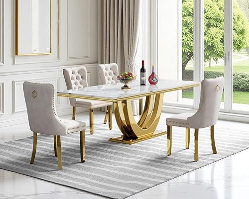 Miniatura 21 de Juego de mesa de comedor de mármol sintético, 7 piezas, juego de mesa de cocina y comedor para 6, mesa de comedor rectangular blanca de 70 pulgadas