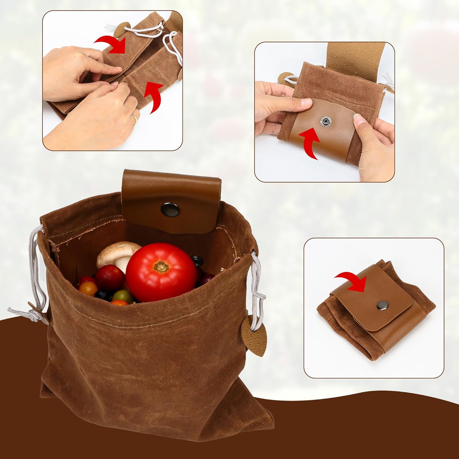 Foraging Bag Waxed Canvas Collapsible Outdoor Camping, Leather Drawstring Belt Pouch, Bushcraft Hunting Mushroom Collecting Basket, Foldable Satchel for Travel Hiking Picking Rocks Fruit Treasures - Image 5