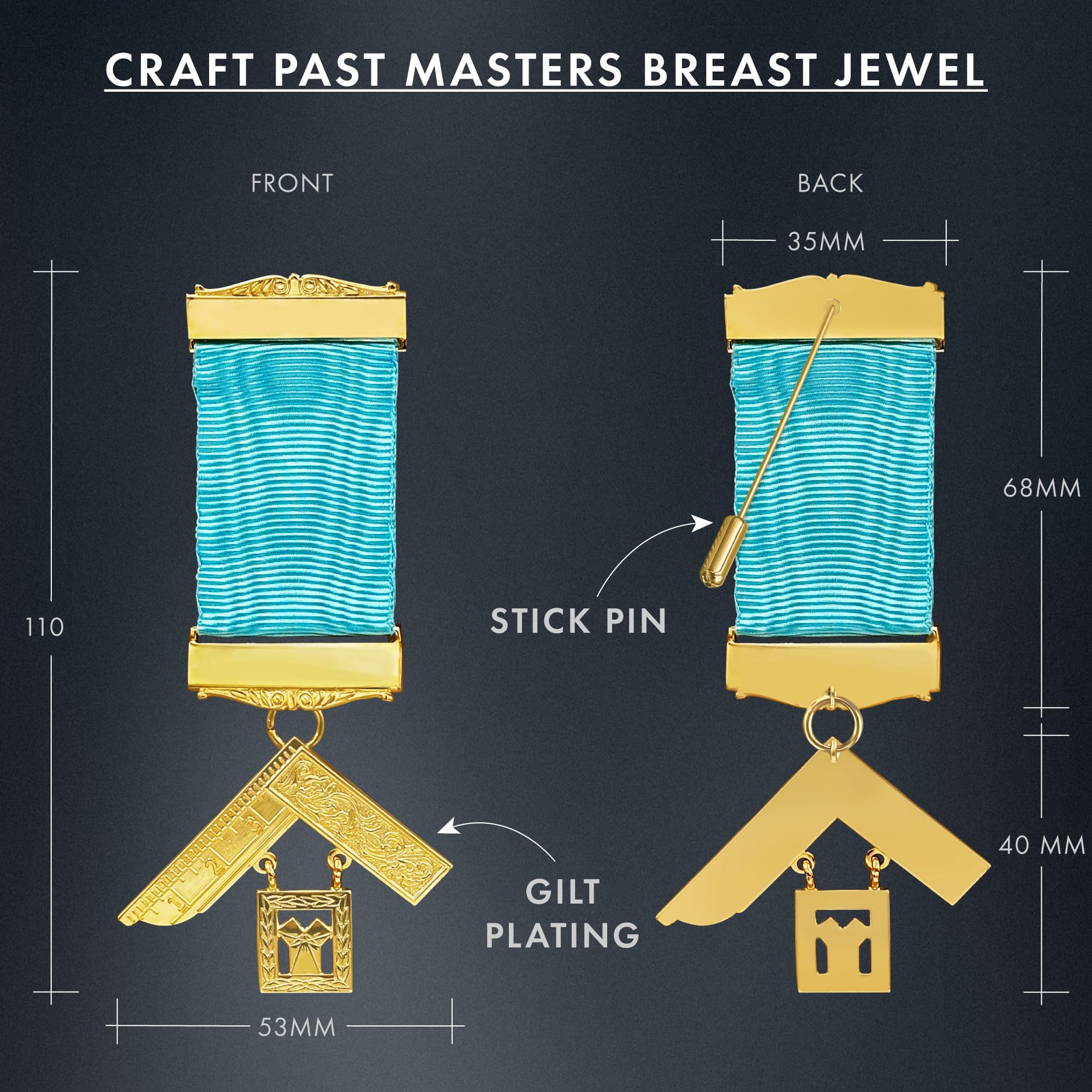 THE MASONIC COLLECTION - Gioiello per il seno artigianale Past Masters - Con nastro blu e placcatura in oro - Un perfetto accessorio regalo massonico per uomini massoni