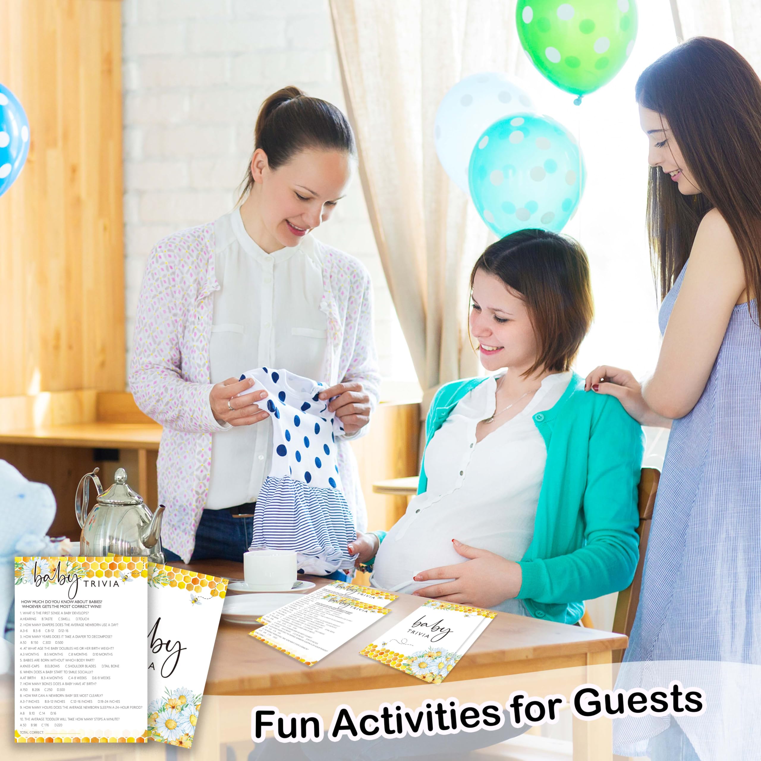 Juegos de abejas para baby shower, juego de trivia para bebés, decoraciones de baby shower de margaritas de verano, suministros de fiesta de género neutro y regalo, 5 x 7 pulgadas y juego de 25