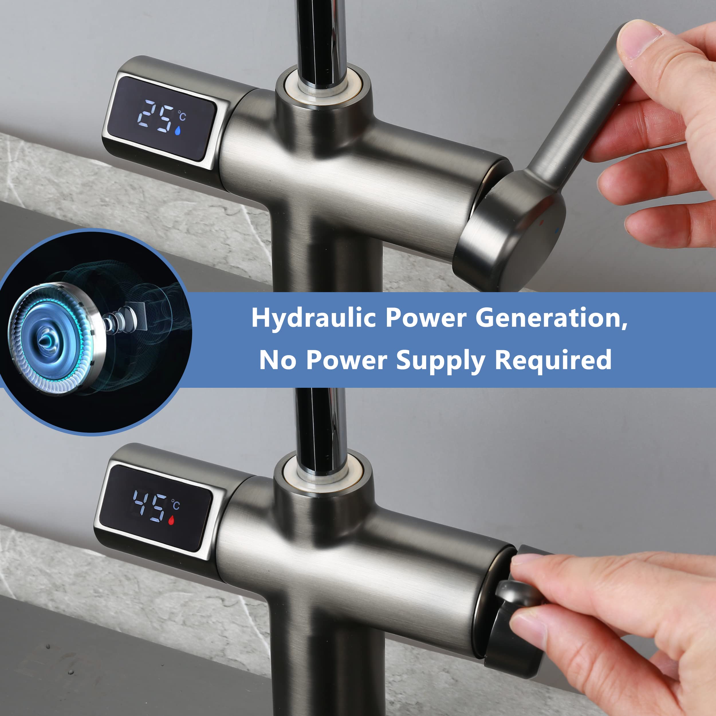 KENYOS Kitchen Sink Faucets with Pull Down Sprayer Single Handle Modern Temperature Display Adjustable Height with Fountain Mode?áSingle Hole for Pull Out Kitchen &Bathroom Faucet Bar Laundry RV