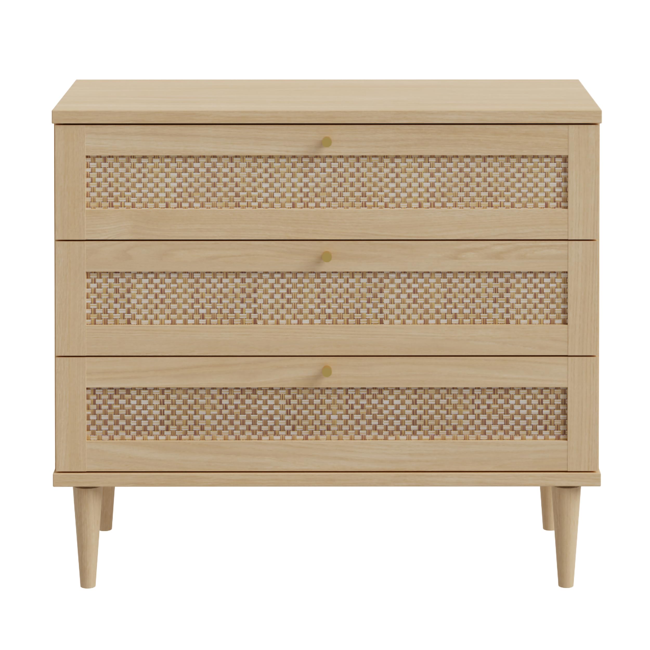 Forte CALASETTA Kommode 90, Kommode im Boho Stil, Wiener Geflecht, Sideboard mit 3 Schubladen, Elegancia Eiche Holzdekor/Technorattan, 90 cm breit x 80 cm hoch x 41 cm tief Küche, Haushalt & Wohnen