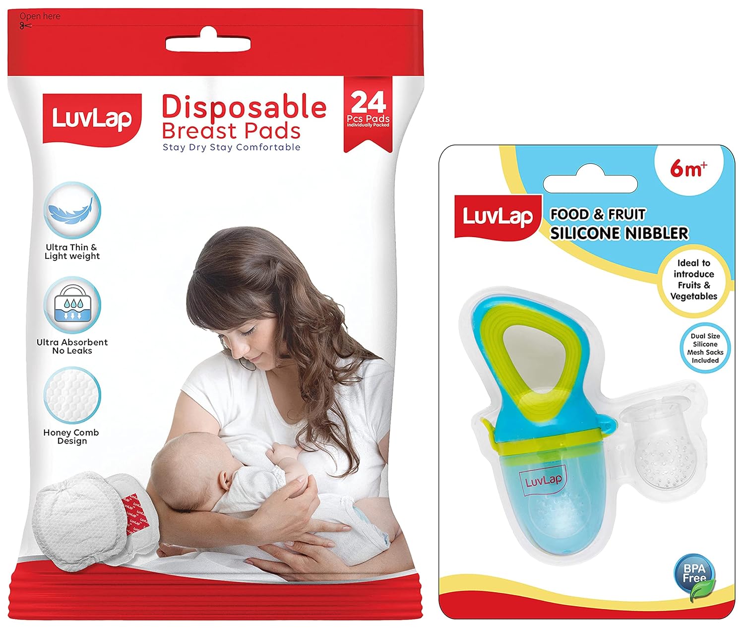 LuvLap Silicone Food/Fruit Nibbler with Extra Mesh, Elegant Blue, & LuvLap Ultra Thin Honeycomb Nursing Breast Pads, 24pcs, Disposable, High Absorbent, Discreet Fit