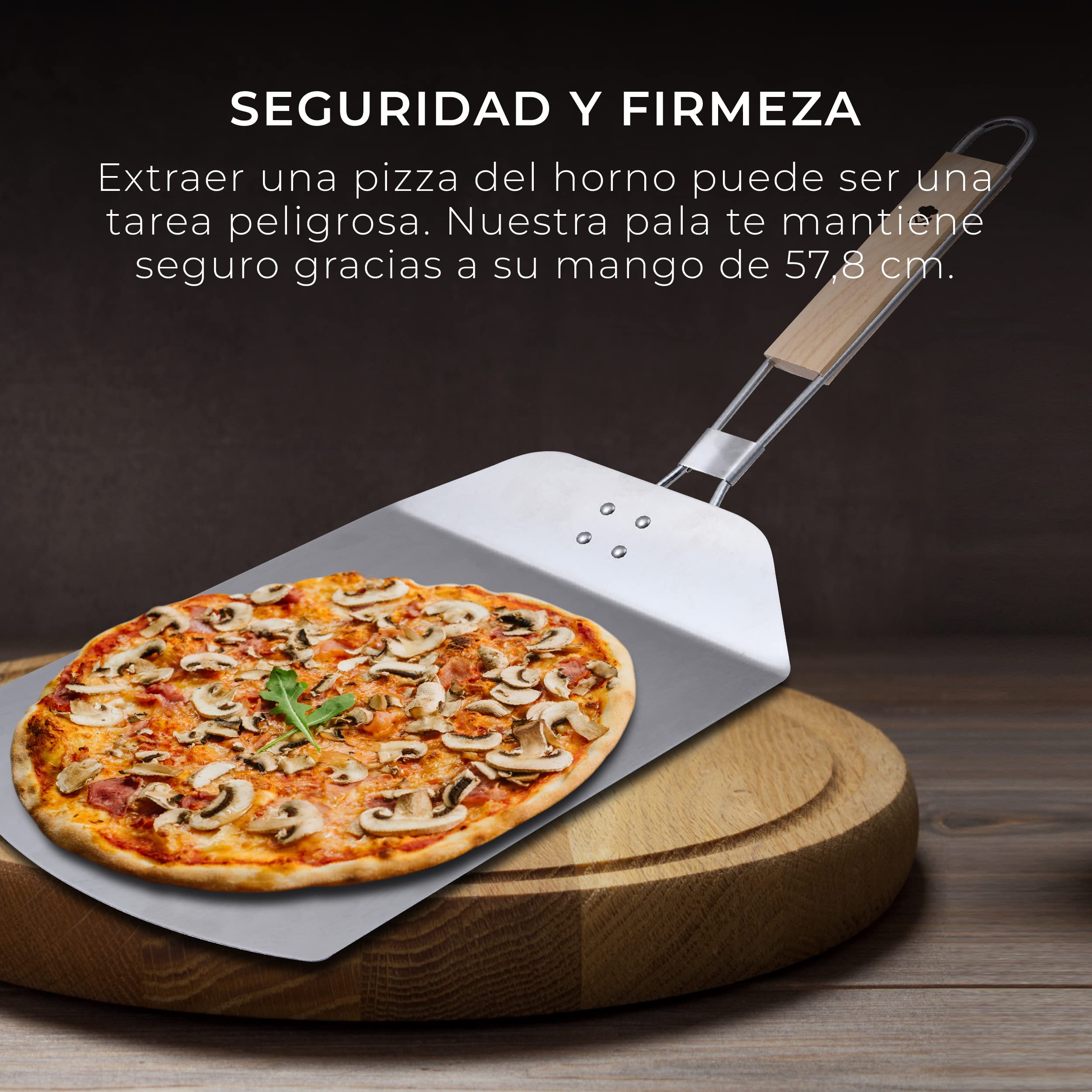 MasterPRO Foodies - Pala Horno para Pizza - Pala de Acero Inoxidable - Dimensiones 57.8 x 24.3 x 3.4 cm - Mango de Goma Color Madera - Extrae tus Pizzas del Horno de Manera Firme y Segura