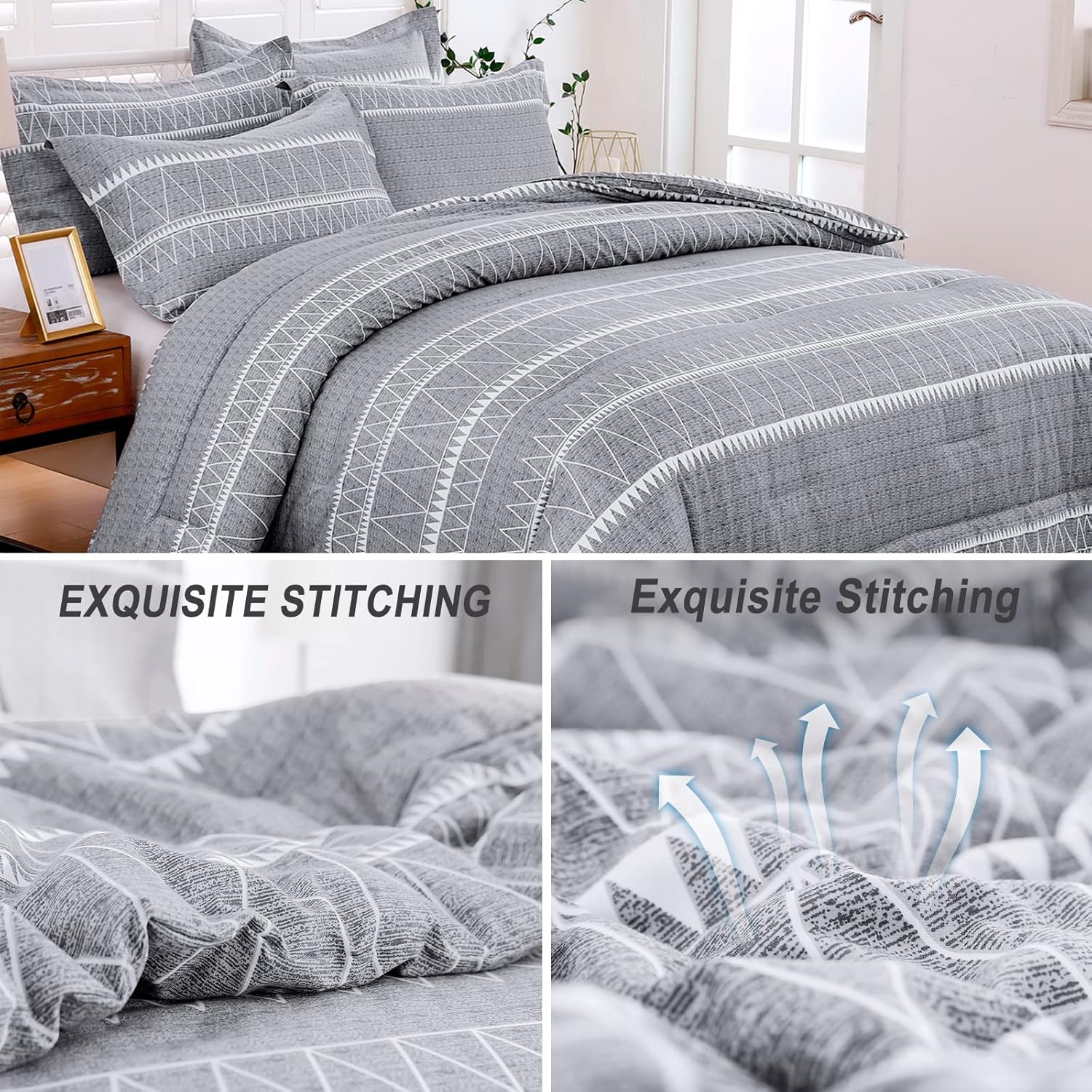 WONGS BEDDING Grey Comforter Set Queen Size, Soft Bohomian Comforter with 2 Pillowcases, Reversible Boho Striped Bedding Set Queen for All Season (90x 90)