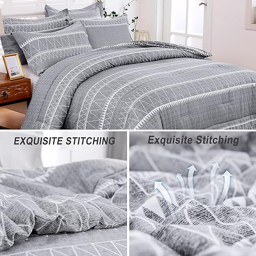 Miniatura 5 de WONGS BEDDING Juego de edredón gris King, microfibra suave reversible gris bohemio de plumón alternativo para cama King - 3 piezas (1 edredón sólido
