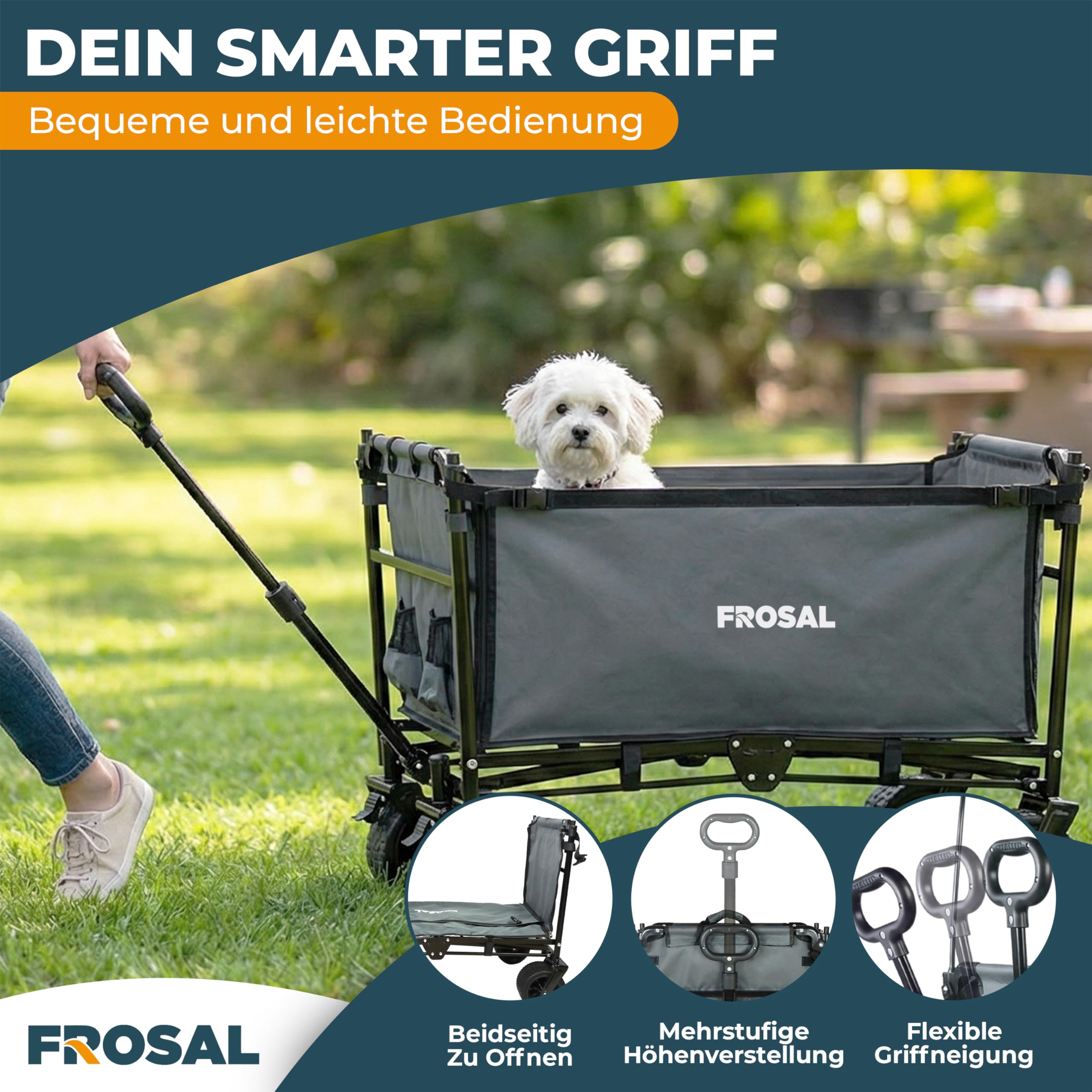 FROSAL Bollerwagen Tom faltbar mit Dach – Handwagen klappbar für Kinder, Hund & Transport – 80kg belastbar –pannensichere Räder & höhenverstellbare Zugstange – Garten & Camping Wagen grau