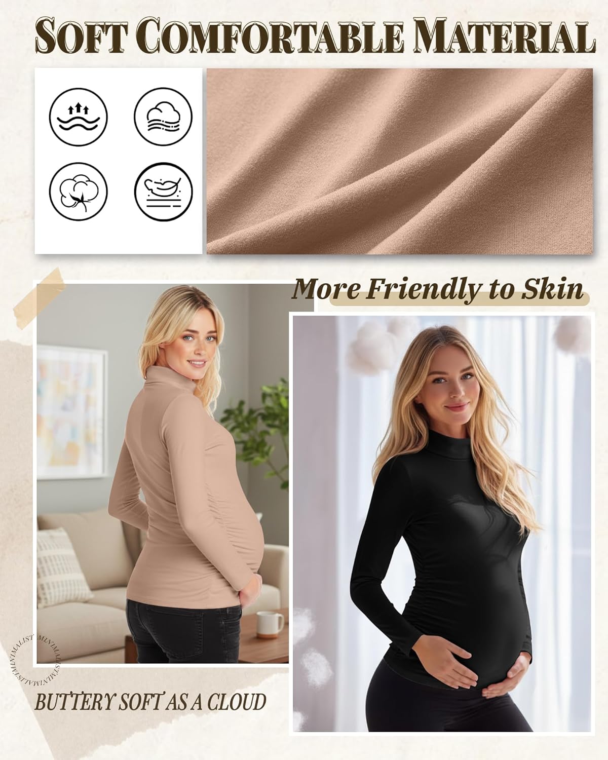 4 Pack Women's Maternity Shirts, Turtleneck Long Sleeve Pregnancy Tee Tops Side Ruched Mock Neck Maternity Clothes - Image 3