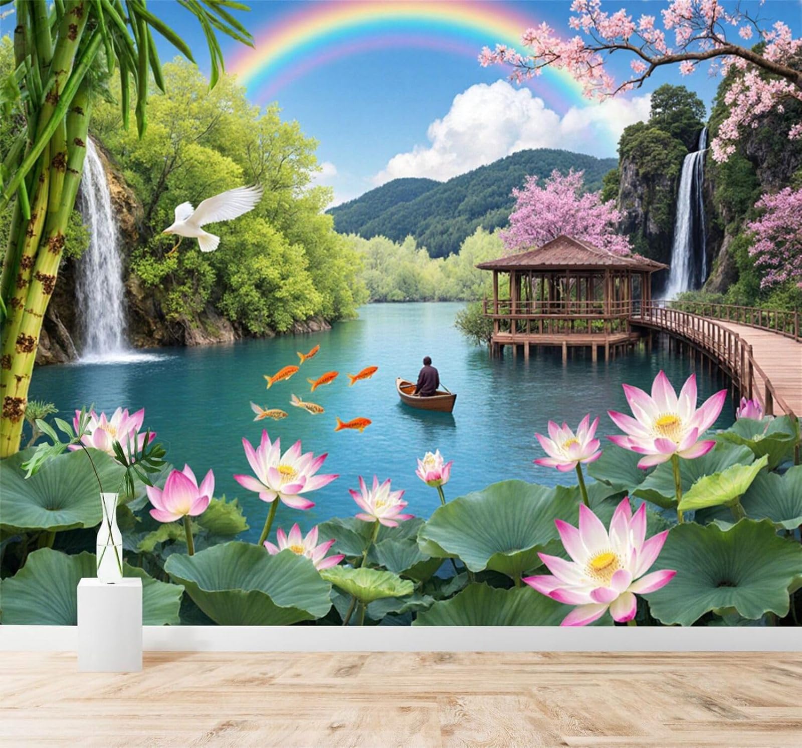 XLMING Waterfall Rainbow Gazebo Cherry Blossoms Lake 3D Wallpaper Premium Textured Silk Study Dining Living Room Bedroom Sofa TV Wall Easy Install-250cm×170cm