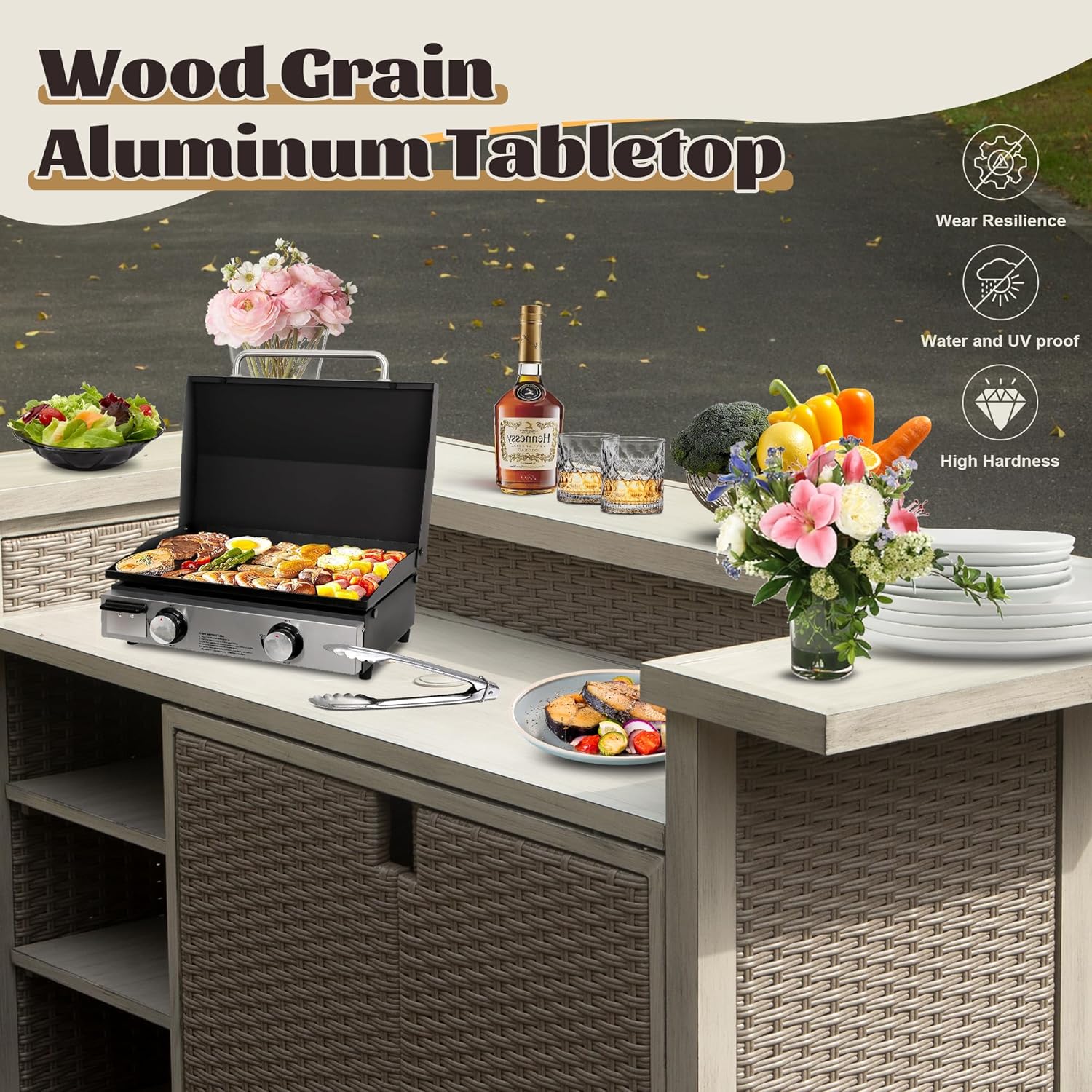 Domi Home Bar Unit，Modern Wicker Outdoor Bar Table with Aluminum Frame, Grill Table and Liquor Cabinet Bar for Patio, Home Kitchen, Dining Room, Living Room, Gray