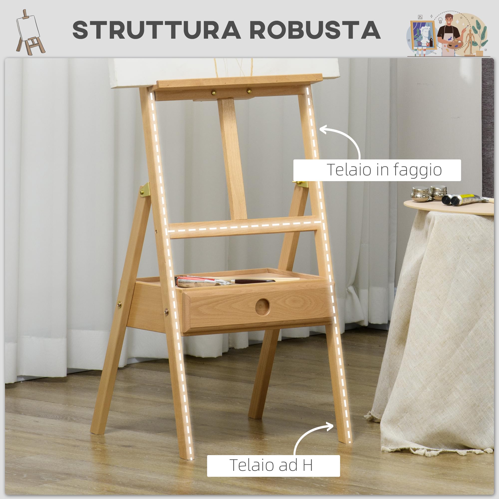 Vinsetto Cavalletto da Pittore ad Altezza Regolabile con Cassetto Inferiore, Cavalletto per Dipingere in Legno di Faggio, 43.5x43x150-190 cm, Color Legno