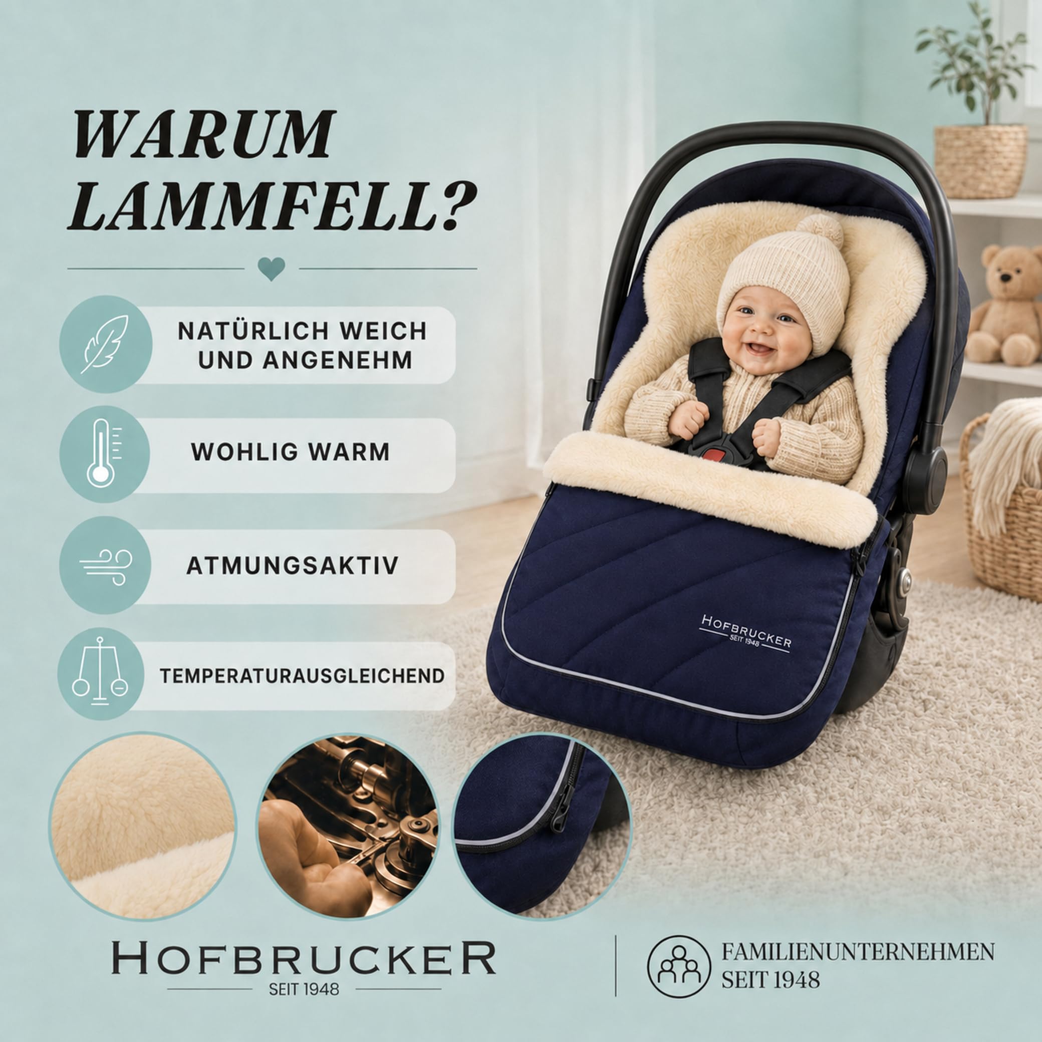 Hofbrucker® Sacco nanna per passeggino di alta qualità, per autunno/inverno/primavera in pelliccia di agnello, per passeggino e Maxi Cosi 0-10 mesi, con coperta rimovibile (blu navy)