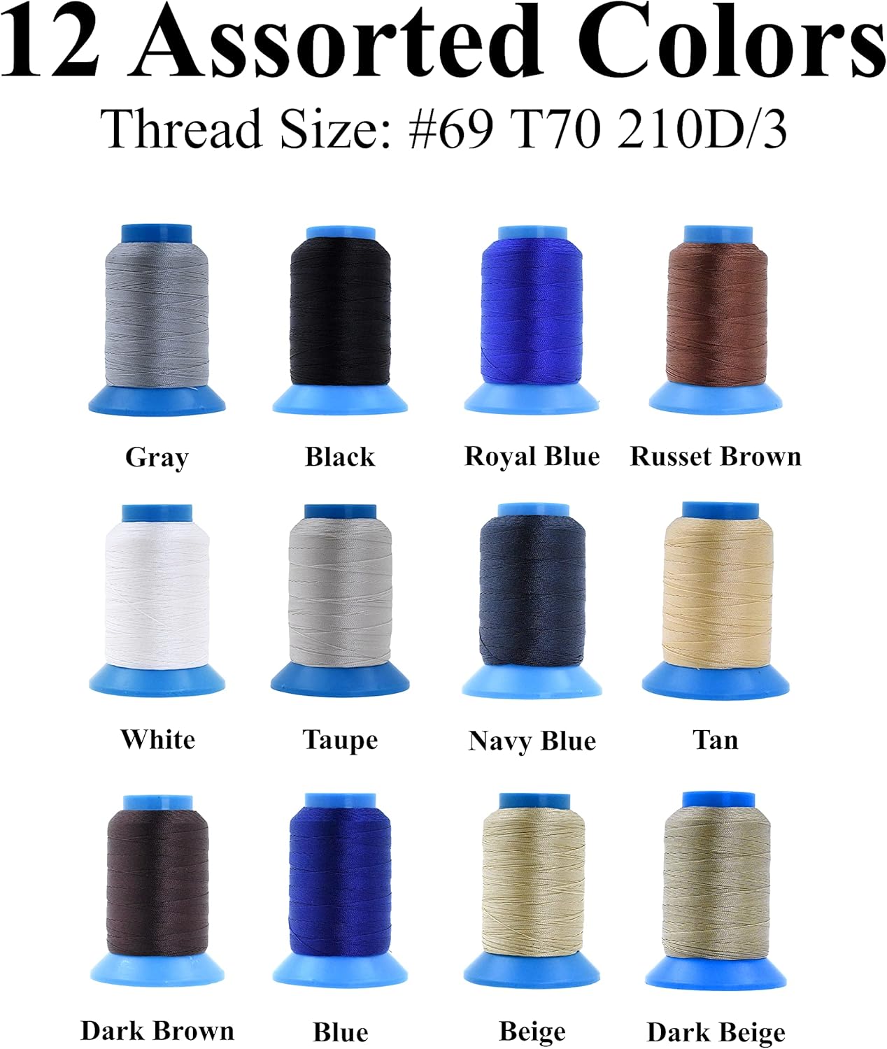 Mandala Crafts Size 69 210D T70 Bonded Nylon Thread - 12 Assorted Neutral Colors 3600 YDs Tex 70 Heavy Duty Sewing Threads for Leather, Jeans, Weaving, Outdoor Marine Upholstery