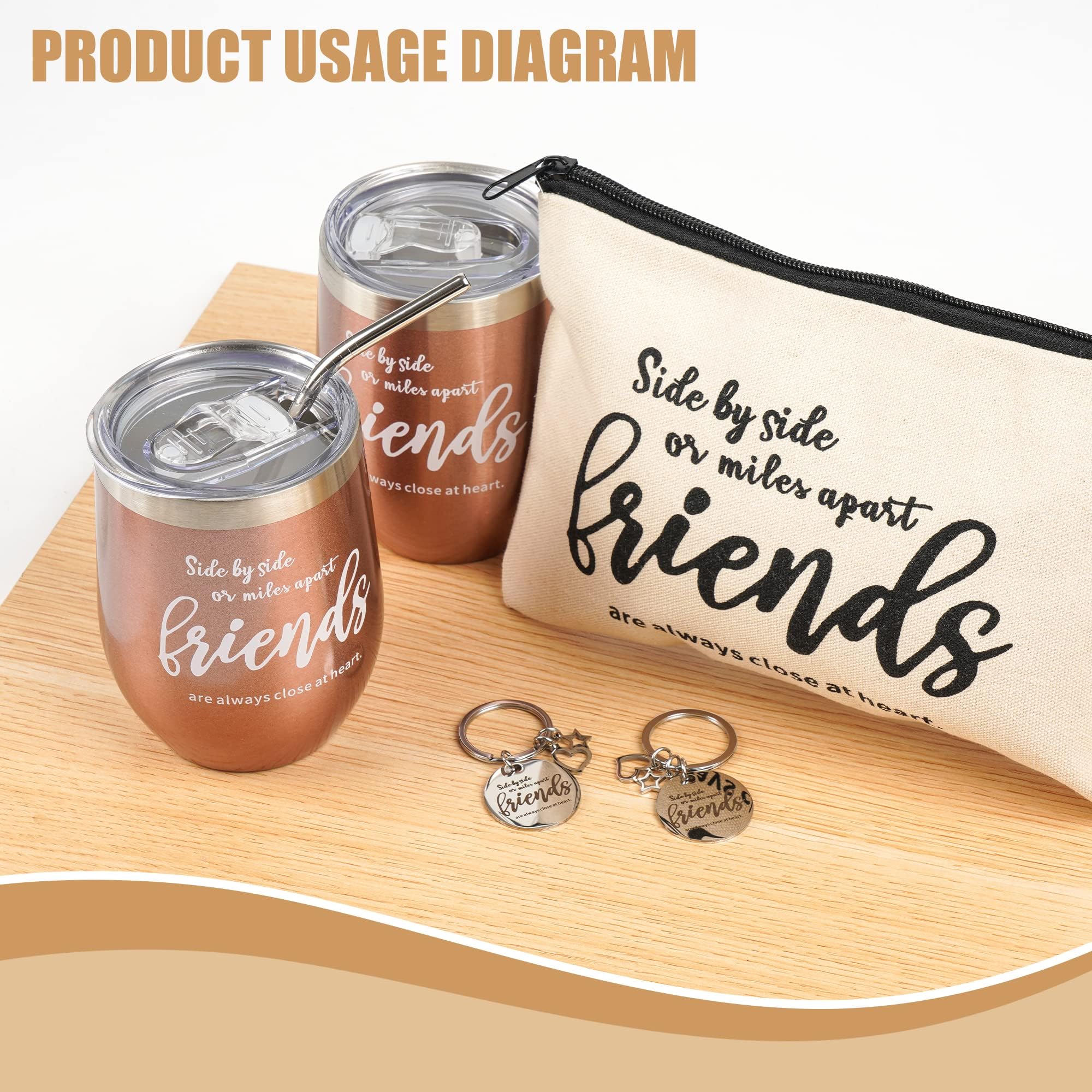 Kolewo4ever 12 Pieces Girl Trip Gifts Favors Bulk Friend Appreciation Gifts Set 4 Friends Wine Tumbler 4 Friends Cosmetic Bag 4 Keychains Appreciation Funny Long Distance Friendship Gift