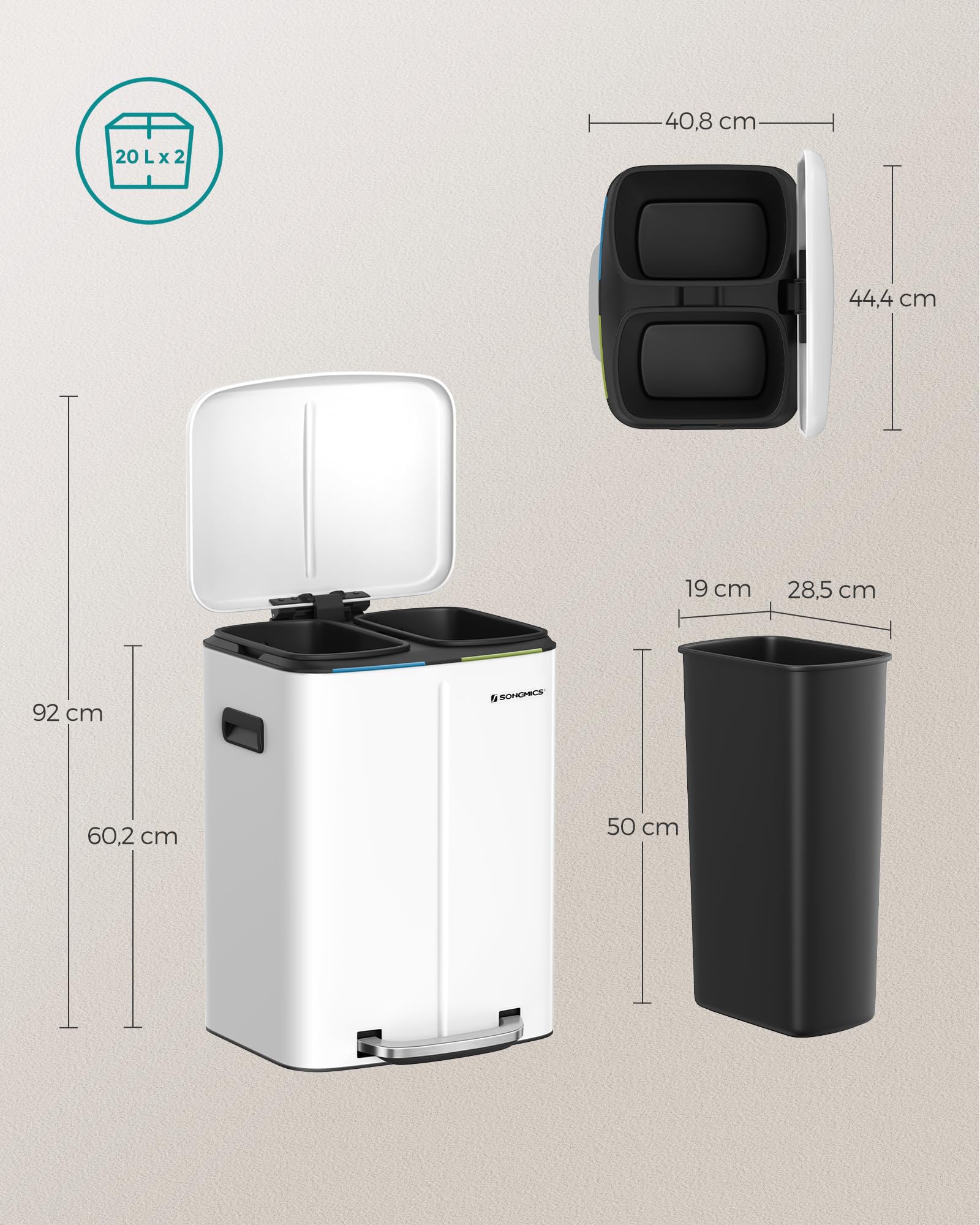 SONGMICS Cubo de Basura Doble, 2 x 20 L Cubo de Cocina, Cubo Metálico Pedal de Doble Compartimento, con Cubos Interiores de Plástico, Tapas de Cierre Suave y Asas, Sello Antiolor, Blanco LTB40WT