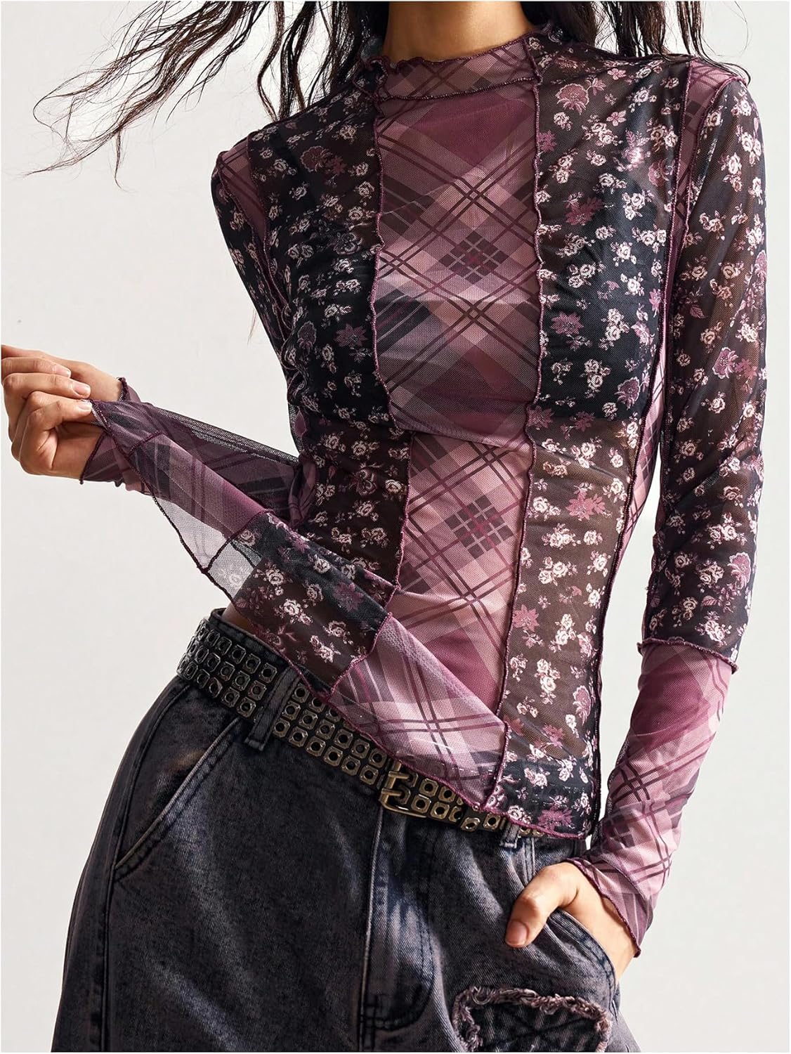 GORGLITTER Women's Floral Mesh Peasant Boho Tops Long Sleeve Sheer Plaid Patchwork Renaissance Going Out T Shirt - Image 3