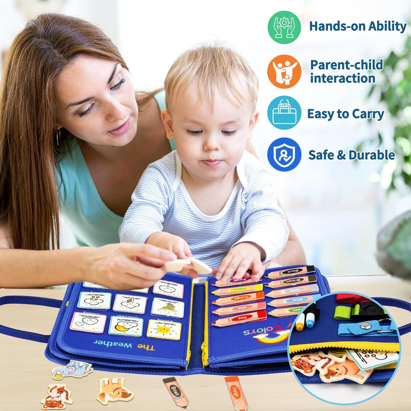 Busy Board Montessori Bambini, Pannello Sensoriale Libro attività di Feltro per Sviluppo Motricità Fine e Cognitivo, Quiet Book Viaggi, Giochi Educativi per Ragazzo Bambina#6