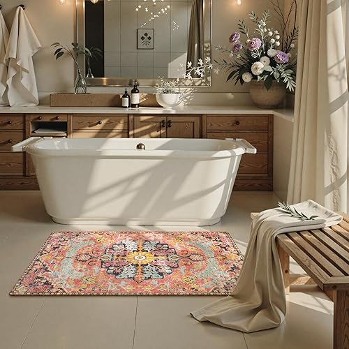 Miniatura 173 de Lahome Alfombra bohemia con medallón floral de 3 x 5 pies, suave, impresa, para baño, cocina, entrada, vestíbulo, vintage, antideslizante, lavable