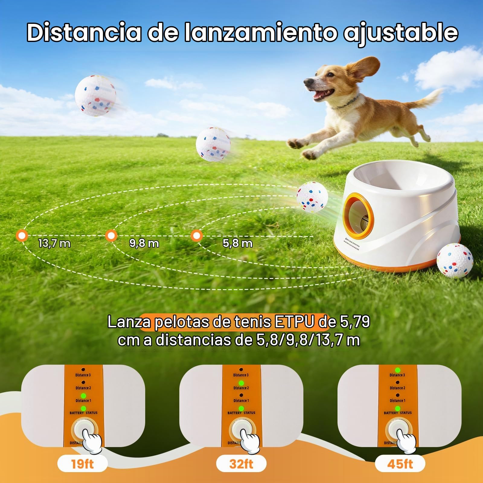 Lanzador automático de Pelotas para Perros, Máquina lanzapelotas con 6 Pelotas de Tenis de E-TPU y 3 ajustes de Distancia Juguete Interactivo para Perros (Distancia de Lanzamiento: 20–46 pies)
