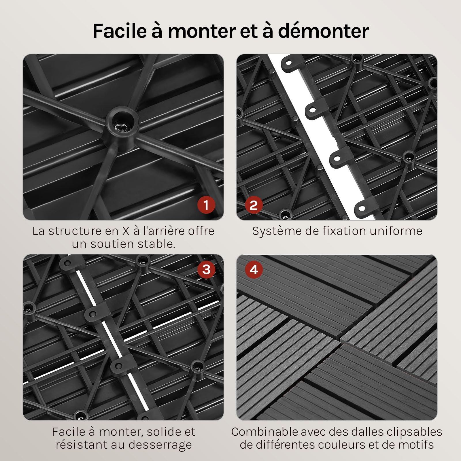 WOLTU WPC Dalle de sol Revêtement Carrelage 30x60cm pour jardin terrasse système plug-in pour fixation, Gris Clair 12 pièce / 2 m²